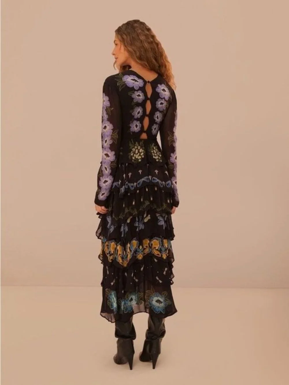 NWT Farm Rio Black Winter Garden Ruffle Maxi Dress LARGE Floral Embroidered NEW - Picture 5 of 12